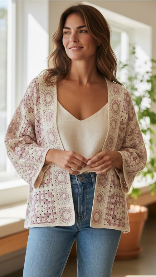 Kvinde iført en lys top og hæklede cardigan med mønster, står indendørs i et lyst rum med planter i baggrunden. (1)