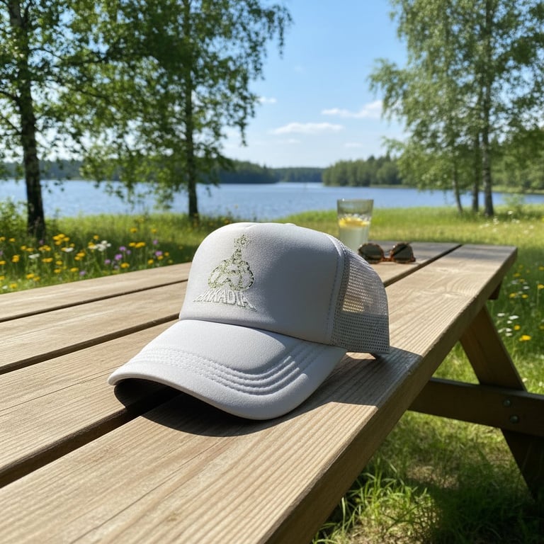 En hvid kasket med logo liggende på et træbord i en blomstrende grøn eng ved en sø med træer og blå himmel i baggrunden.