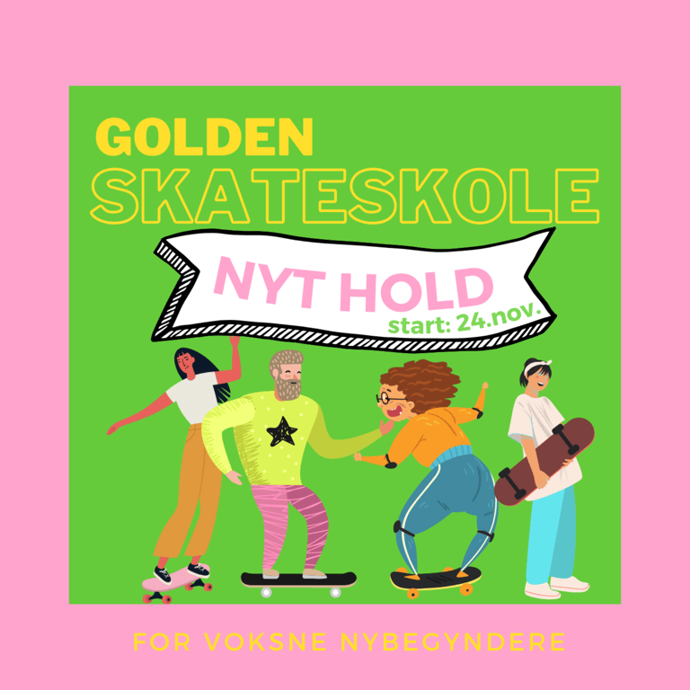 Plakat for Golden Skateskole med annonce om nyt hold, der starter 24. november, rettet mod voksne nybegyndere, med illustration af fire personer på skateboard.