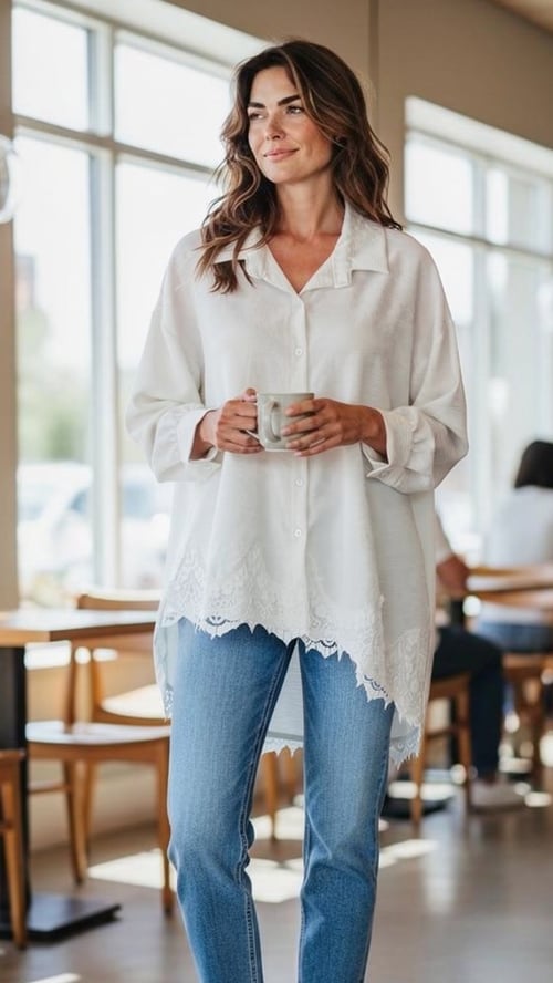 Kvinde iført hvid skjorte med blonder og blå jeans, stående i café med en kop i hænderne. (1)