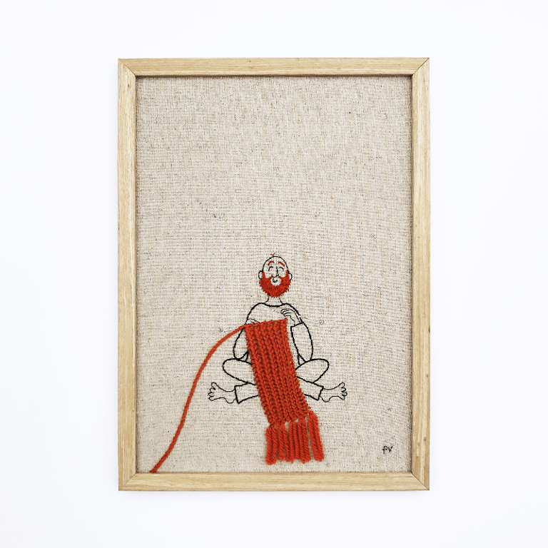 Brun hjemmestrik – rødt skæg – broderi 21 x 30 cm