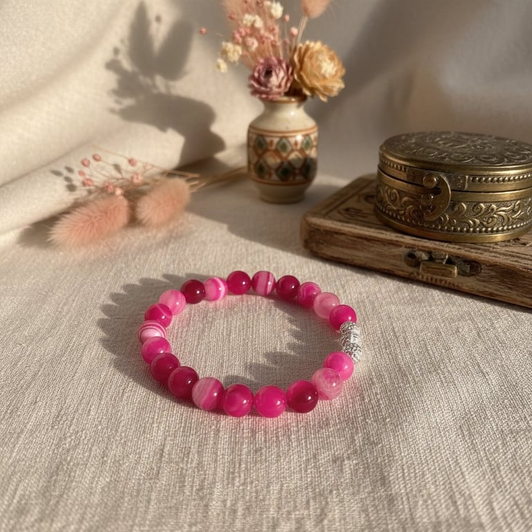 Lyserødt perlearmbånd med sølvdetalje lagt på beige stof med gammel bog, dekorativ metalæske og lille vase med tørrede blomster i baggrunden.