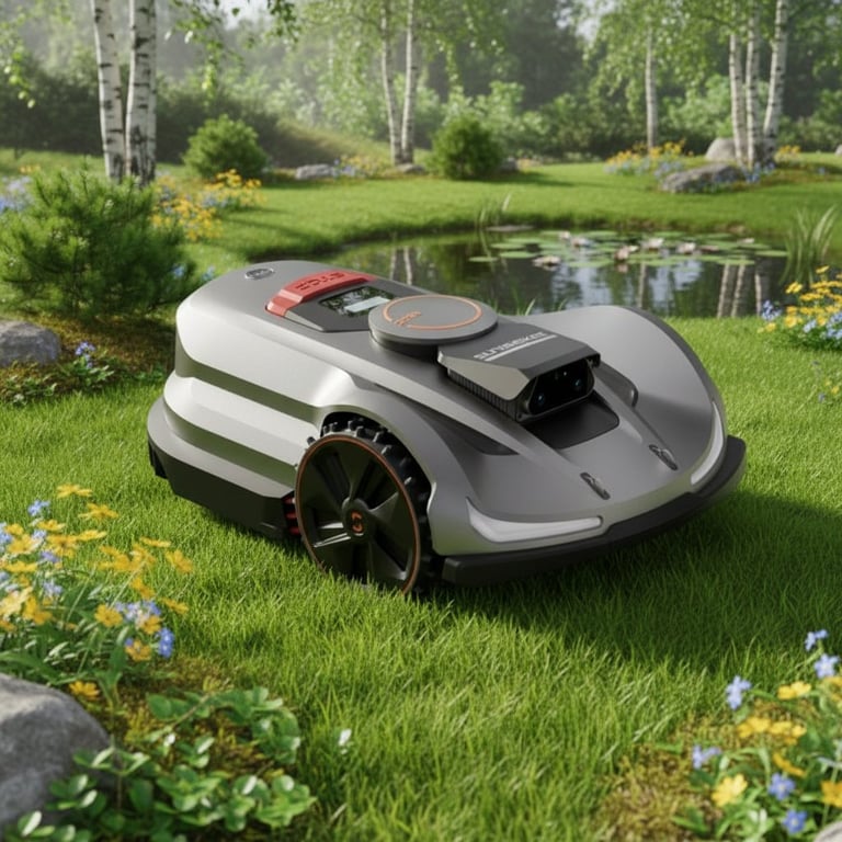 Robotplæneklipper på grøn græsplæne omgivet af blomster, træer og en lille dam.