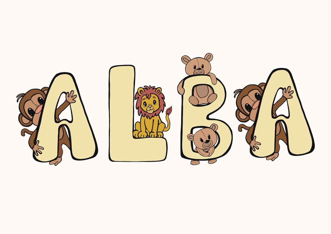 Plakat med Navn: ABC DYR NAVNE-PLAKAT (Gul Skrift, beige baggrund) (3)