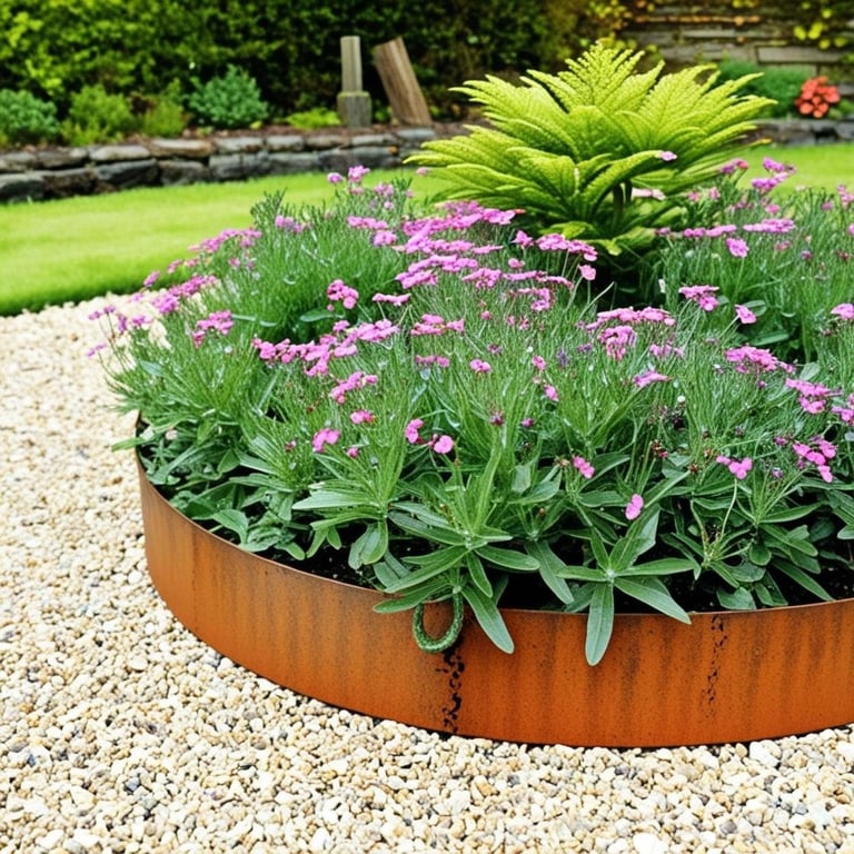 Rund plantekasse i cortenstål med lilla blomster og en grøn plante i midten, omgivet af grus og en velplejet have i baggrunden.