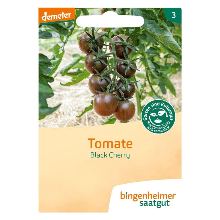 Frøpakke til demeter-certificerede Black Cherry tomater med foto af modne, mørkerøde cherrytomater på grænsen.