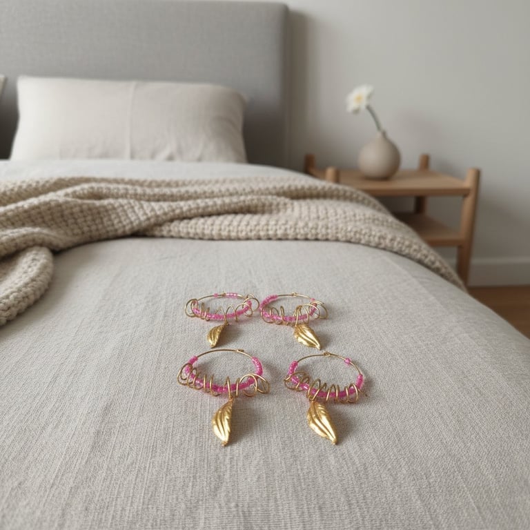 Creole med lyserøde perler og snoede kobbertråd billede 5