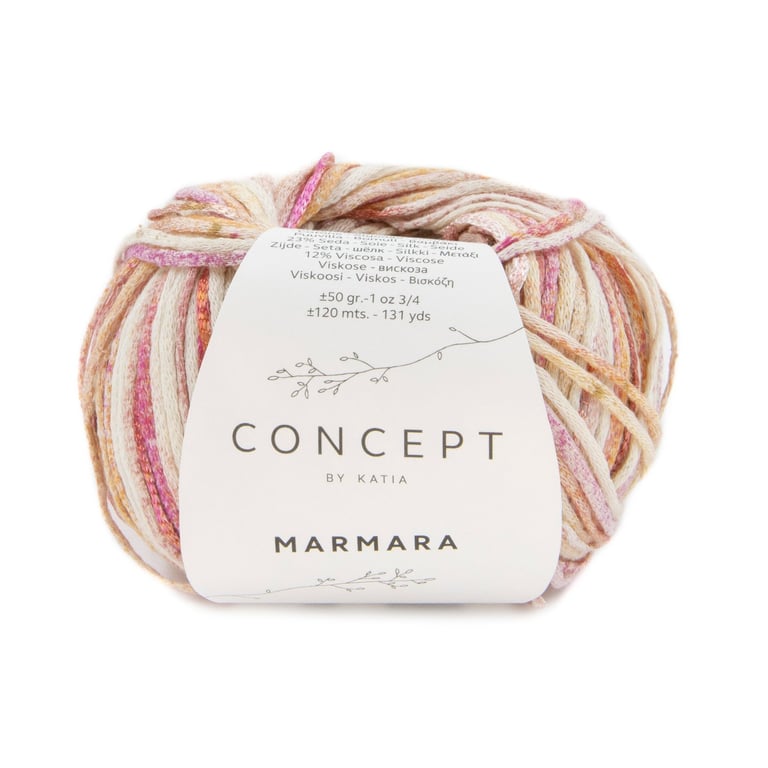 Garnnøgle med blandede beige, lyserøde og hvide farver, mærket "Concept by Katia Marmara".