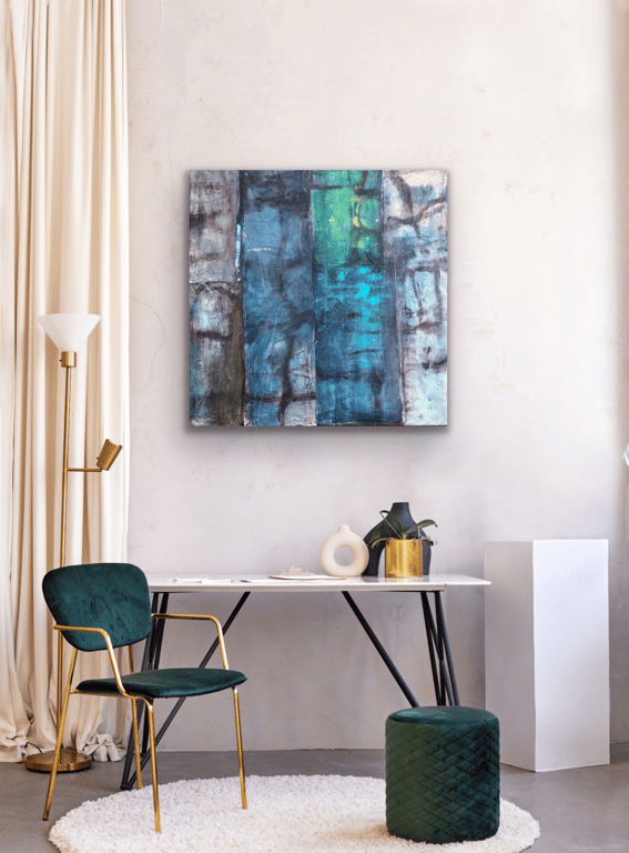 MALERI  100x100 - BLÅTIME MED CITRONMÅNE billede 4