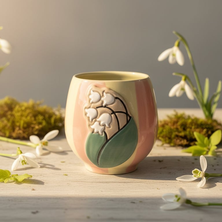 Keramisk kop med relief af liljekonval-blomster omgivet af rigtige liljekonval og mos på lyst træbord i blødt sollys.