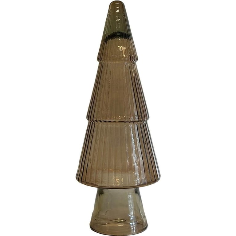 Glasfigurr af juletræ med ribbet overflade i brunlig gennemsigtigt glas.