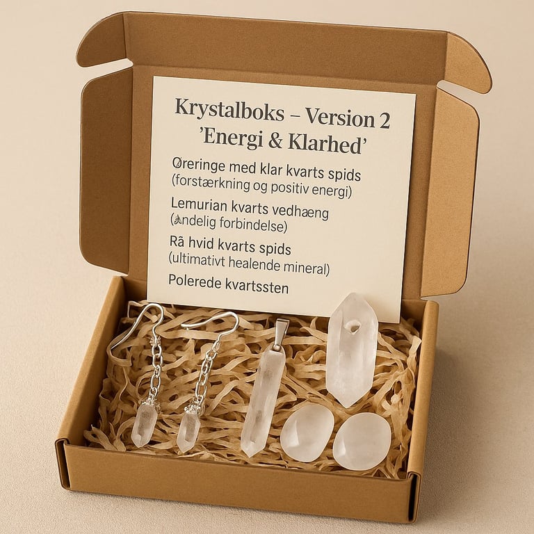 En åben brun æske med et sæt krystaller og smykker af klar kvarts samt et kort med beskrivelser af indholdet på dansk. (2)