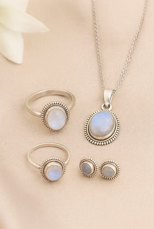 Smykkesæt bestående af halskæde, to ringe og et par øreringe med ovale, perlemorslignende sten indrammet af sølv. (2)