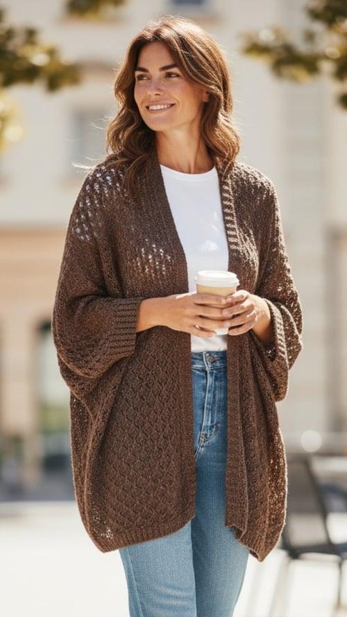 Kvinde iført brun strikket cardigan og hvid t-shirt, der holder en kaffekop ude i byen. (1)