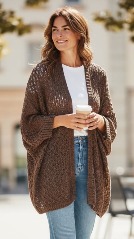 Kvinde iført brun strikket cardigan og hvid t-shirt, der holder en kaffekop ude i byen.