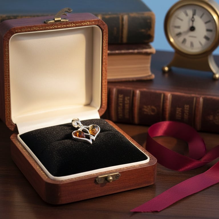 Åben trææske med hjerteformet vedhæng med rav i, placeret på sort pude, omgivet af gamle bøger, en lille ur og en rød sløjfe på et træbord.