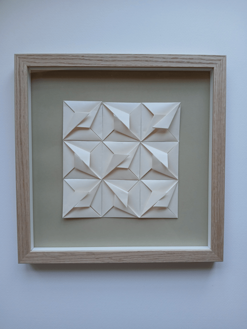 30x30cm foldet værk, champagne, beige, indrammet