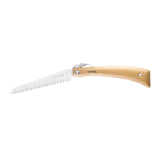 Lille foldbar håndsav med savtakket blad og lyst træhåndtag, mærket "Opinel". (1)