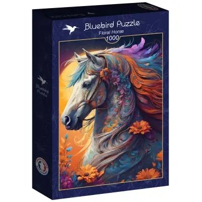 Billede af puslespilæske fra Bluebird Puzzle med motiv af en farverig hest med blomster i manken og omkring sig, 1000 brikker.