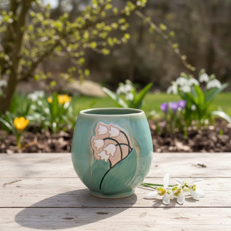 Grøn keramik krus med motiv af liljekonvalblomster, placeret på et træbord udendørs med blomstrende krokus og klokkeblomster i baggrunden.