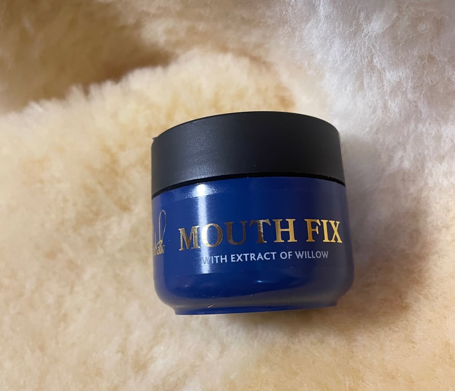 Blå glasbøtte med sort låg mærket "Mouth Fix with extract of willow" på en beige blød overflade.