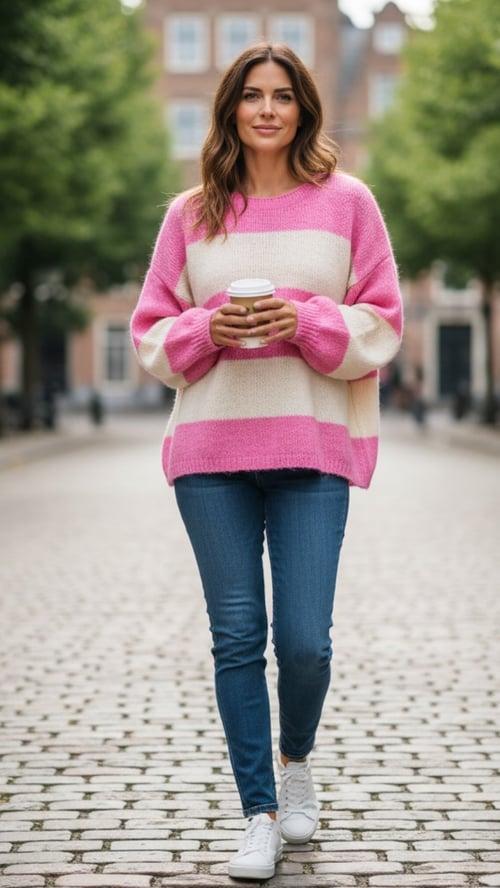 Jenna knit blouse. Beige w Rosa stripes. Onesize 38-48. (2)