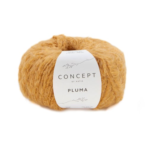 Garnnøgle af blødt, løst og fluffy garn i karrygul farve med etiket, der viser mærket "Concept by Katia" og produktnavnet "Pluma". (5)