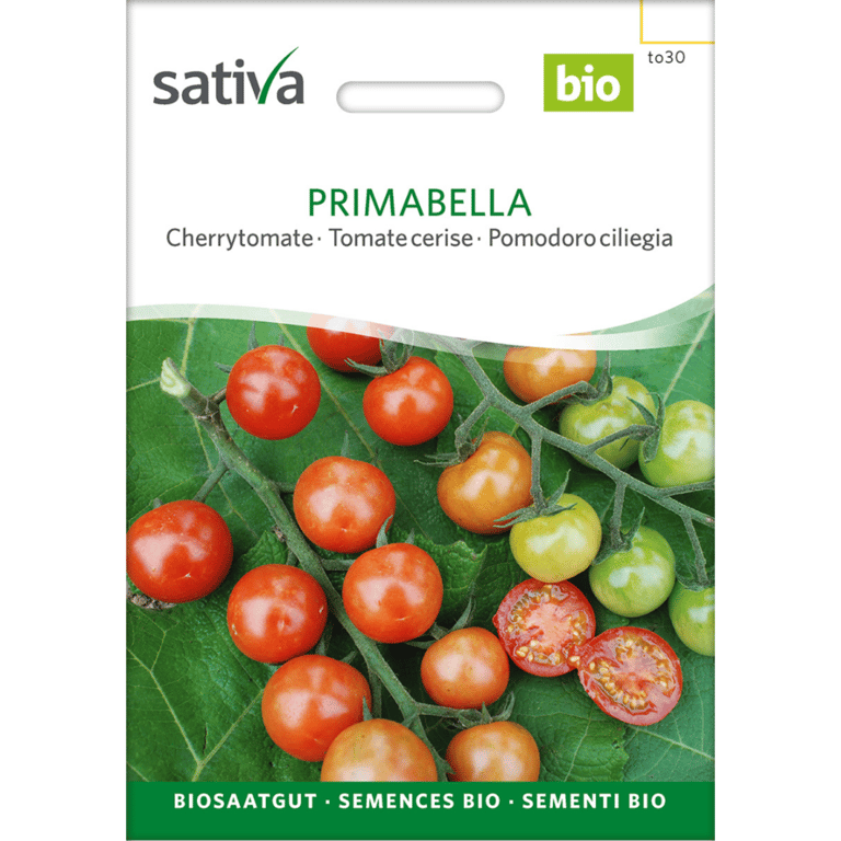 Frøpakke til økologiske cherrytomater af mærket Sativa med navnet Primabella, med billede af modne og umodne tomater på grønt blad.