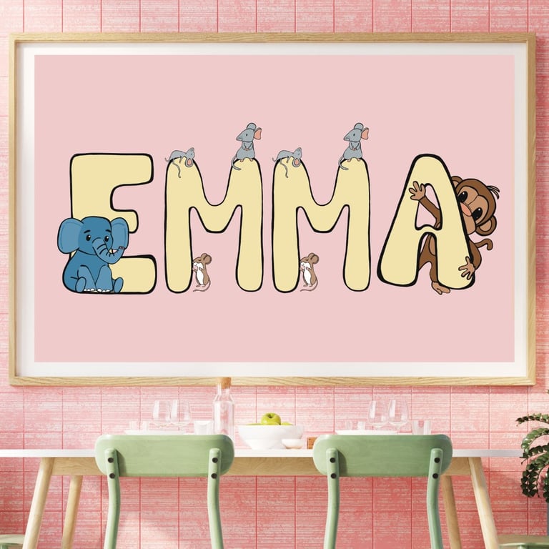 Plakat med Navn: ABC DYR  NAVNE-PLAKAT (Gul Skrift, Rosa baggrund) (3)