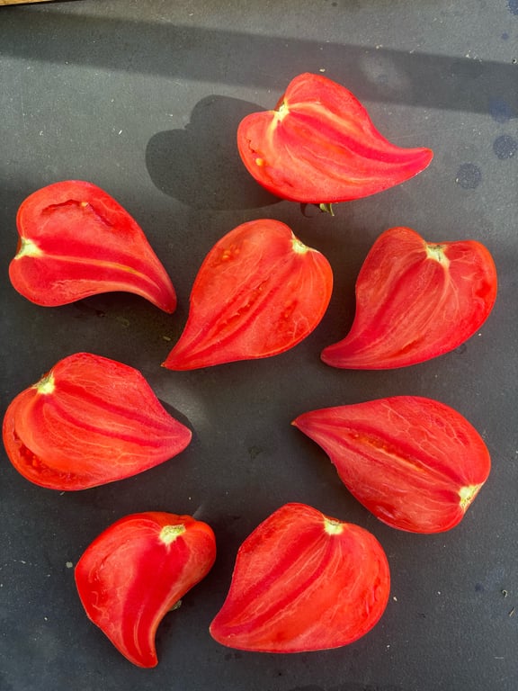 Åbne røde chilier skåret i halve, placeret på en mørk overflade.