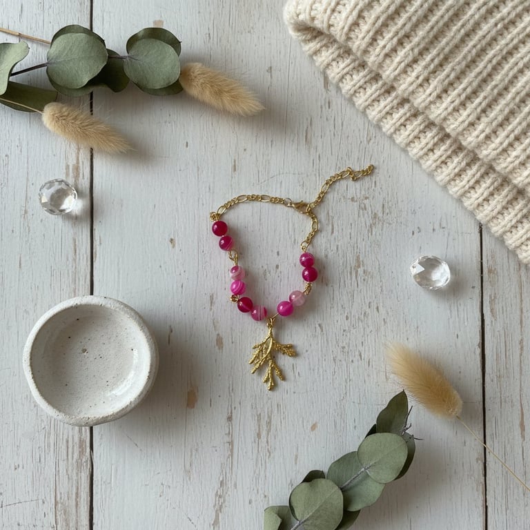 Armbånd med pink perler og gyldt bladvedhæng på lyst træbord omgivet af tørrede eucalyptusgrene, små glassten, keramisk skål og en beige strikket hue.