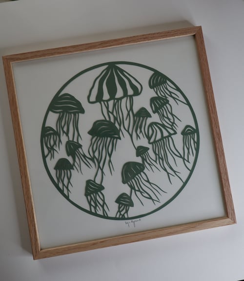 30x30cm, hav af gopler, støvet Jade, indrammet 