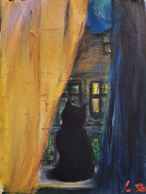 Kat i mit vindue. Akryl 18,6x21  billede 2
