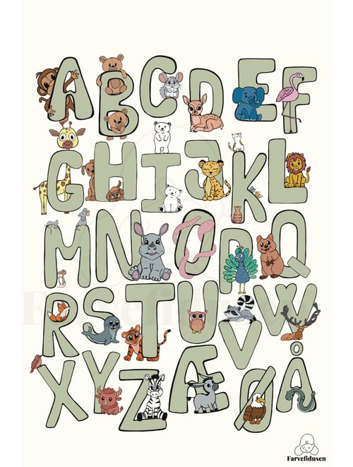 Plakat med Navn: ABC DYR  NAVNE-PLAKAT (Grøn Skrift, beige baggrund) (2)