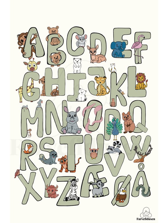 Plakat med Navn: ABC DYR  NAVNE-PLAKAT (Grøn Skrift, beige baggrund) (2)