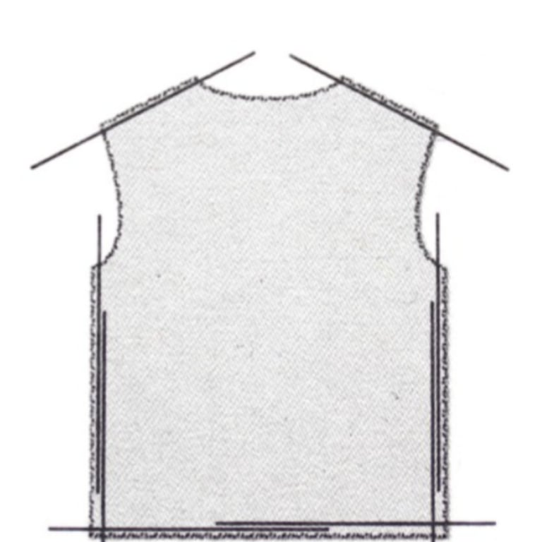Diagram af bagsiden af en vest med syninger markeret langs siderne og skuldrene.