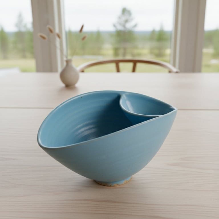 Blå keramisk skål med to rum stående på lyst træbord foran et vindue med udsigt til natur.