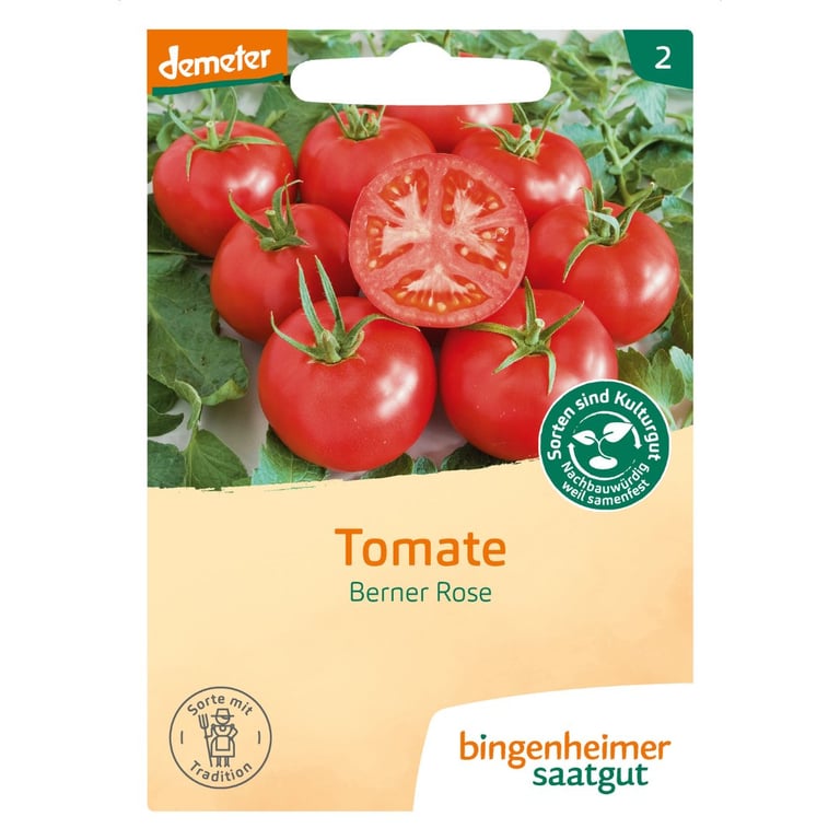 Frøpakke med tomatsorten "Berner Rose" fra Bingenheimer Saatgut med billede af modne, røde tomater og et halvt skåret tomat.