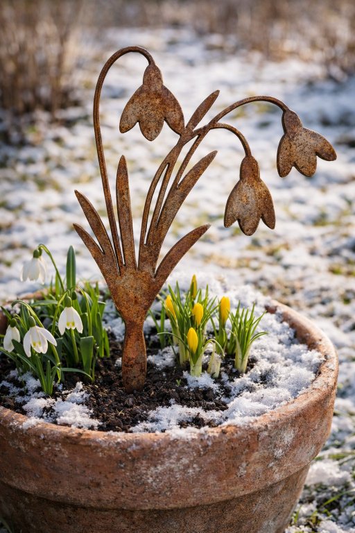 Rustik metaldekoration formet som vintergækker i en blomsterpotte med nysne, omgivet af blomstrende hvide og gule forårsblomster.