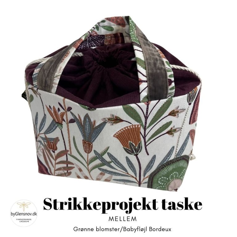 Strikkeprojekt taske - Grøn Blomst / Babyfløjl Bordeaux