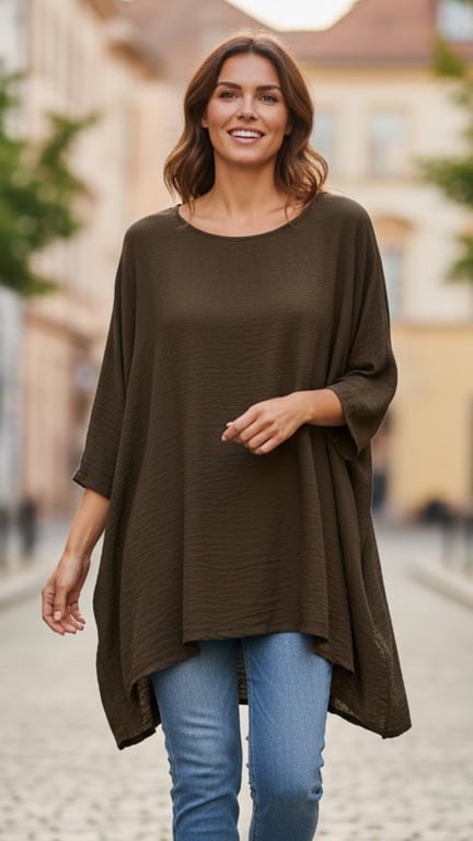 Ung kvinde iført en løs, mørkebrun tunika og lyseblå jeans, smilende og gående på en brostensbelagt byvej.