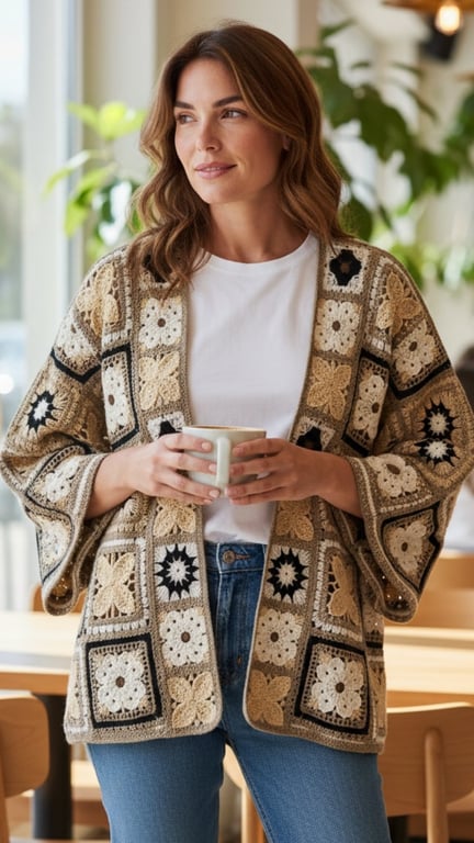 Kvinde iført strikket cardigan med blomsterfirkanter, holder en kop, står i lyst rum med grønne planter i baggrunden.
