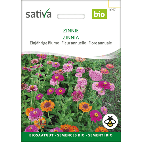 Frøpose til økologiske zinnia blomster med farverige blomster i pink, lilla og orange, mærket "sativa" og "bio". (1)