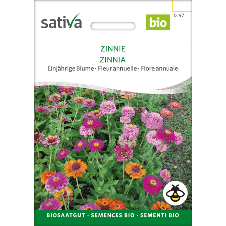 Frøpose til økologiske zinnia blomster med farverige blomster i pink, lilla og orange, mærket "sativa" og "bio".