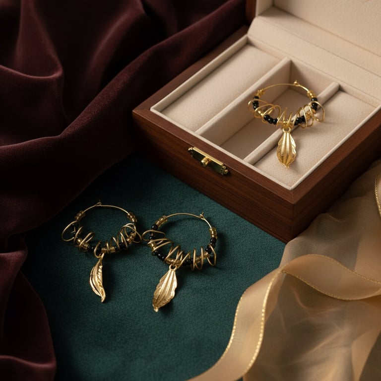 Guld og sorte perler med snoet wire omkring creolerne 