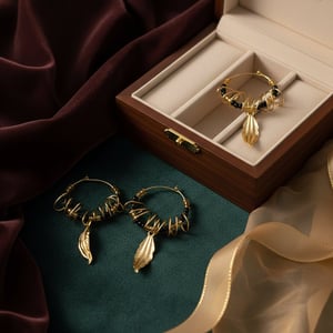 Guld og sorte perler med snoet wire omkring creolerne  – produktbillede