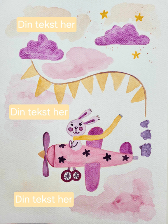 Unik akvarel til barnedåb/navngivning - Flyvemaskine med kanin billede 2