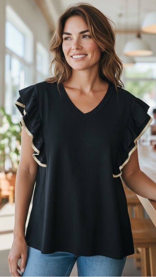 Kvinde iført sort top med flæser og blå jeans, smilende og stående i lyst rum med store vinduer. (1)