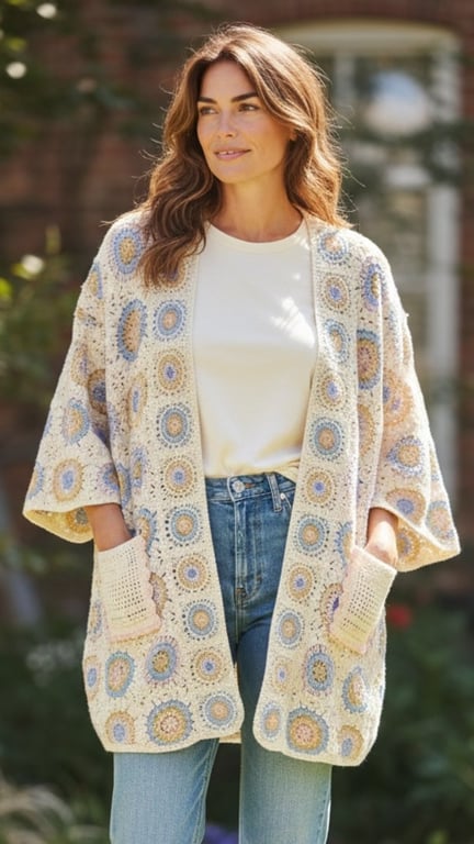 Kvinde iført hvid t-shirt, blå jeans og beige hæklede cardigan med farvede cirkelmønstre, stående udendørs.