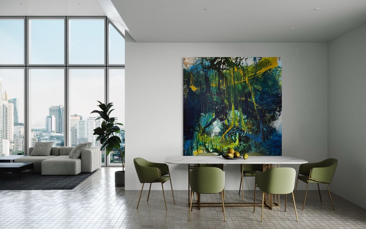 MALERI Stort maleri i grønne - blålige farver. Eventyrlig med dybe og dejlig inspiration til fantasien billede 2